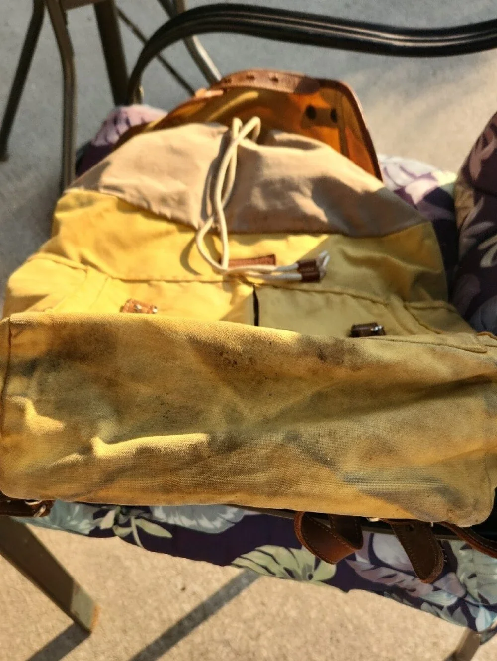 Yellow Canvas Backpack with Brown Leather Trim